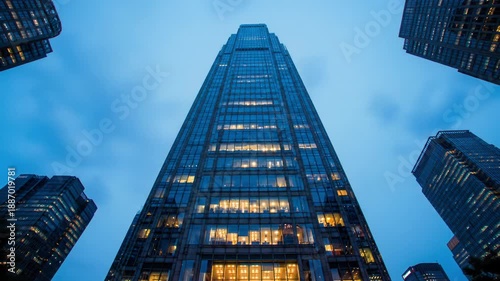 Mesmerizing time-lapse of a sleek blue-glass skyscraper in a vibrant city, transitioning dusk to night as golden interior lights illuminate, subtle worker silhouettes visible. Concept of global