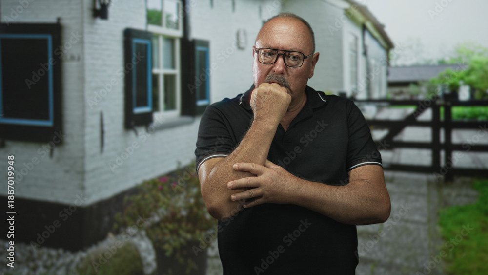 Fototapeta premium Elderly hispanic man with glasses wearing a black polo, fist to mouth and supporting hand on elbow in front of white house building facade; quiet concern.