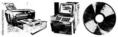Vintage Dot Matrix Printer, ATM, and CD ROM Disc in Halftone Vector Style
