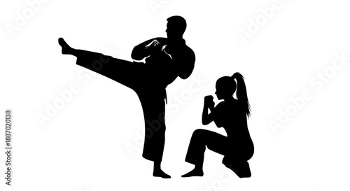 Black silhouettes of martial arts athletes practicing karate high kick and defense stance, design for sports club logos, martial arts event flyers and fitness training posters. Transparent SVG version