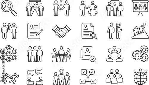 Teamwork, HR, and Collaboration Line Icons for Business Management