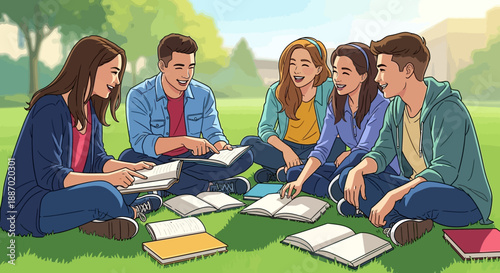 Collaborative Study Session of Students in a Park on Grass with Books Collaboration Natural Light View