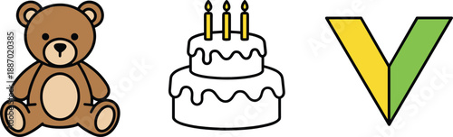 Cute cartoon icons set with teddy bear birthday cake candles and check mark flat vector illustration