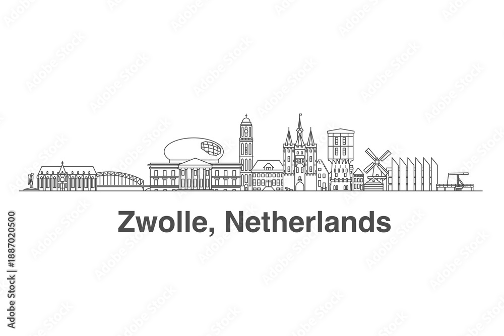 Fototapeta premium Zwolle, Netherlands architecture line skyline illustration. Linear vector cityscape with famous landmarks, city sights, design icons. Editable stroke.