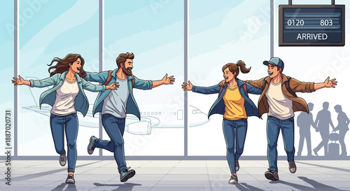 Joyful friends reunion at bustling airport – vector illustration