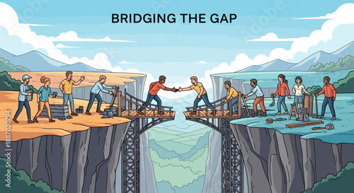  workers bridge the gap over a chasm in a cartoon illustration under a blue sky