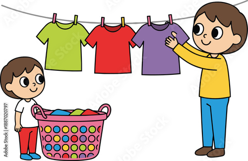 Children doing laundry together hanging clothes and carrying basket home chores responsibility cartoon vector illustration isolated