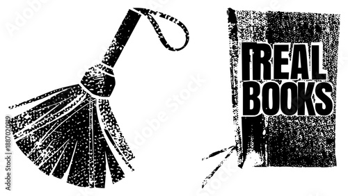 Witch’s Broom and “Real Books” Textbook with Grunge Texture