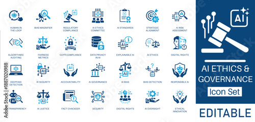 AI Ethics and Governance solid icon set. Includes symbols for Regulatory Compliance, GDPR, AI Risk Assessment, and Data Privacy. Solid vector icons for artificial intelligence law.