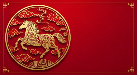 Golden horse with floral motifs and traditional clouds, framed on vibrant red background with Chinese border, ideal for Lunar New Year.