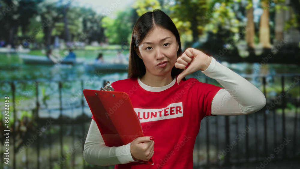 Obraz premium Woman outdoors in park making thumbs down gesture holding clipboard wearing red volunteer shirt with water and trees visible in background on a sunny day