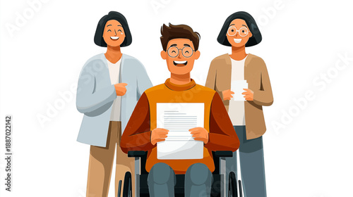 Joyful friends share a moment of celebration. A young man in a wheelchair beams with happiness while holding papers, surrounded by supportive friends. The atmosphere is cheerful and uplifting.