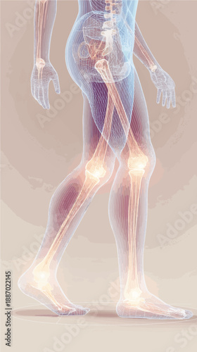A transparent view of a human figure walking, showcasing the intricate details of bones, muscles, and joints. The glowing anatomy highlights the beauty of movement and biomechanics.