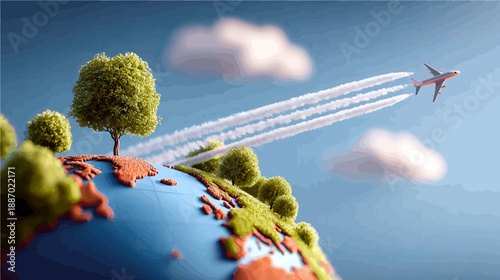 Creative journey above a vibrant globe with a soaring plane and a lush tree against a bright sky