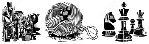 Abstract Collage of Chess Pieces, Yarn Ball, and Ski Gear in Halftone Vector Art