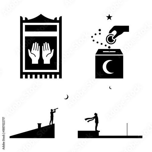 Eid ul Fitr mosque arch scene icons with crescent moon silhouettes and palm tree skyline