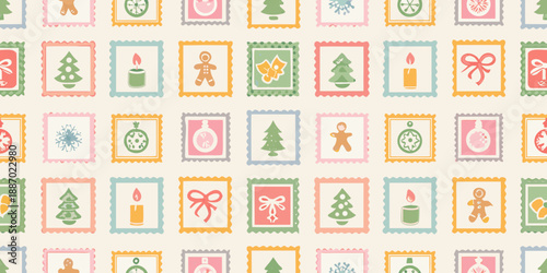 Colorful christmas postage stamps pattern with trees gifts and festive ornaments