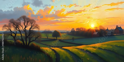 sunset, village, countryside, oil, painting, artwork, art, canvas, texture, brushstroke, landscape, rural, nature, sky, clouds, golden, orange, warm, evening, dusk, horizon, sunlight, glow, peaceful, 