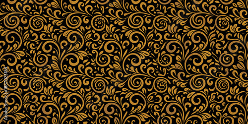 Elegant gold floral pattern on a black background showcasing intricate baroque designs