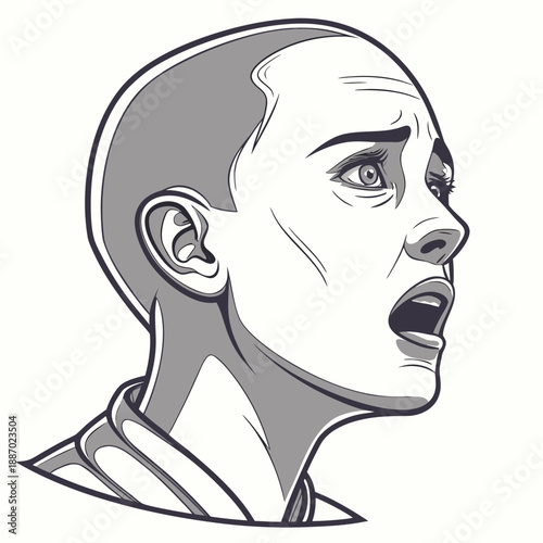 Artificial Human Face Frozen Mid-Emotion, Highlighting the Uncanny Valley and Synthetic Realism in AI and Robotics