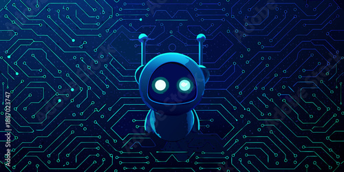 A charming blue robot stands on a futuristic circuit board pattern