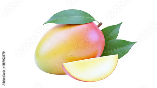 Ripe Mango with a Slice and Leaves