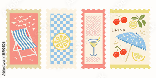 Four illustrated postage stamps depicting summer vacation themes and imagery