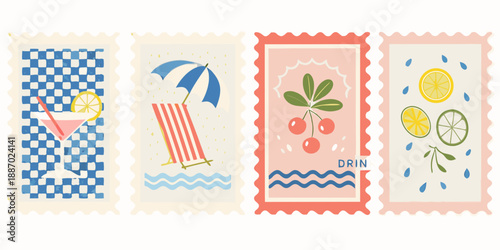 A set of four colorful vintage style postage stamps with summer themed illustrations