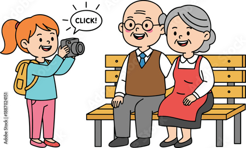 Girl taking photo of happy grandparents sitting on bench family memory moment cartoon character vector illustration isolated