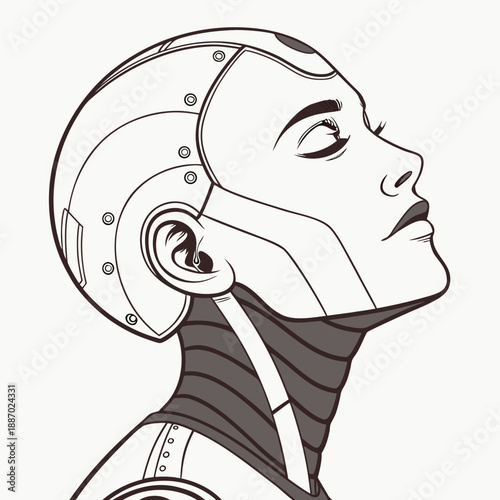Human-like Robot Face with Organic Skin and Realistic Robotic Elements, Blending Biology and Machine.