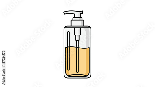 Transparent glass bottle with a black pump dispenser containing a golden or amber colored liquid soap or facial cleansing oil product.