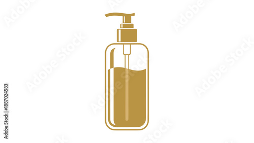Solid gold or ochre colored silhouette of a pump bottle used for liquid cosmetic products like lotion soap or shampoo on white.