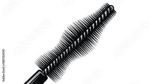 Close up detailed illustration of a black mascara wand brush head with dense bristles designed for adding volume to eyelashes.