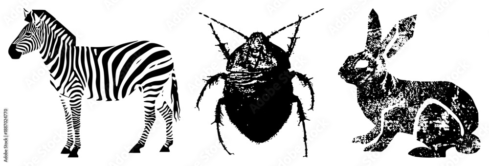 Fototapeta premium Zebra Cockroach Rabbit Trio in High Contrast Vector Silhouettes