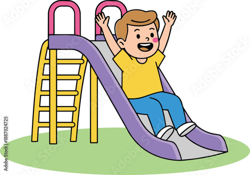 Happy boy sliding down playground slide kids outdoor fun activity cartoon character vector illustration isolated