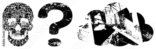 Grunge Textured Skull, Question Mark, and Cloud Symbols in Black and White