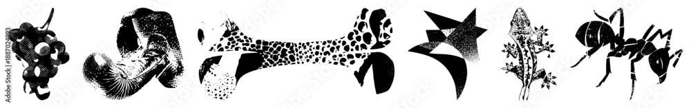 Fototapeta premium Black and White Halftone Vector of Fruit, Animal, and Abstract Shapes