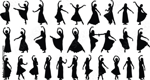 Silhouette set of female dancers in flowing dresses performing elegant ballet and contemporary dance movements, expressing grace, rhythm, flexibility, artistic motion, and stage performance concepts