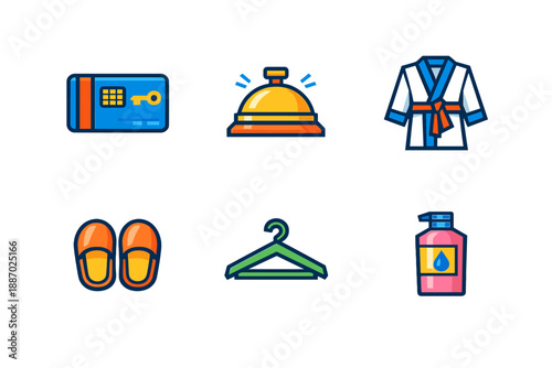 Hotel amenities and services flat icons with glowing effect