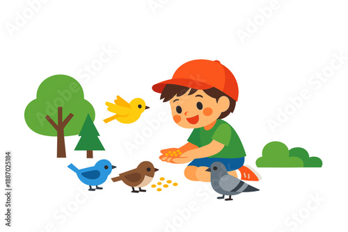 Canvas Print Boy feeding birds in a park