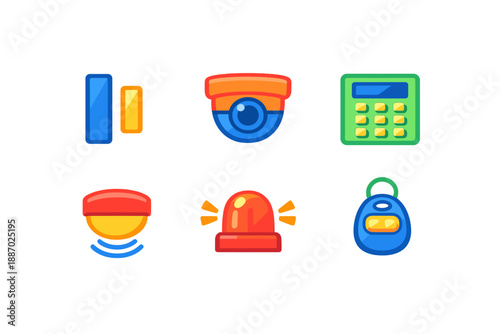 Collection of six stylized icons for security system components, glowing with neon light.