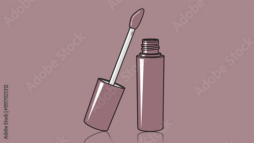Open mauve liquid lipstick container with the wand resting at an angle on a matching purple background for a monochromatic beauty theme.