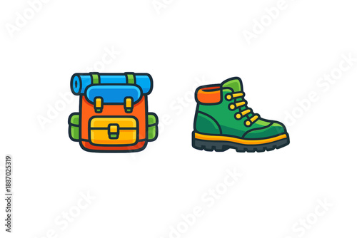 Hiking backpack and boot flat icons