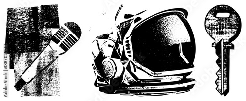 Vintage Microphone, Astronaut Helmet, and Key in Halftone Vector Set
