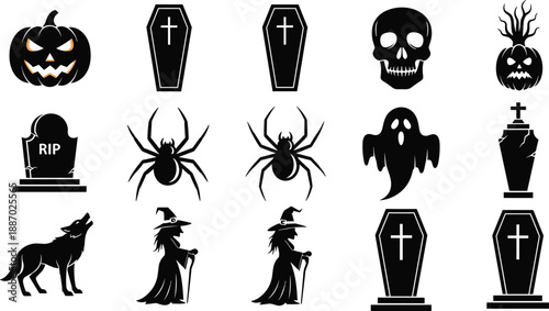 Halloween silhouette icon set with pumpkins, coffins, skulls, spiders, ghosts, witch, wolf, tombstones, spooky horror elements illustration