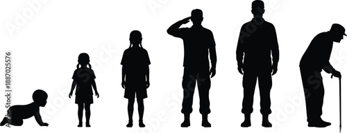 Set of black silhouettes showing human life stages from crawling baby and young child to adult soldier and elderly man with a cane