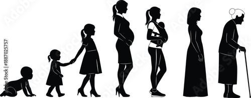 Silhouette Illustration of Woman’s Life Stages from Infancy to Old Age – Black and White Development Sequence