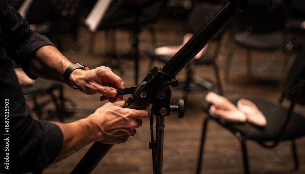 Fototapeta premium Focused view on the hands of a technician securing music stand clamps with ballet slippers and orchestral chairs fading softly in the pit background.