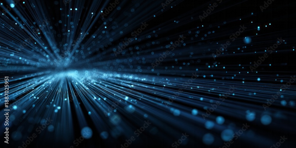 Obraz premium Abstract blue light streaks and glowing particles illuminate a dark space.