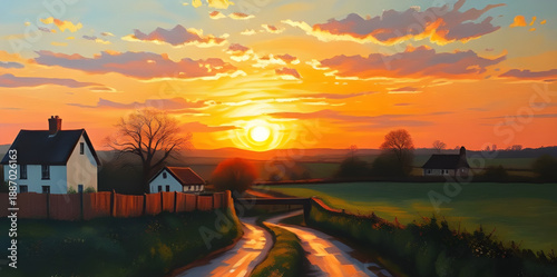 sunset, countryside, village, oilpainting, painting, artwork, art, canvas, texture, brushstroke, landscape, scenery, scenic, rural, nature, sky, clouds, orange, golden, warm, evening, dusk, horizon, s